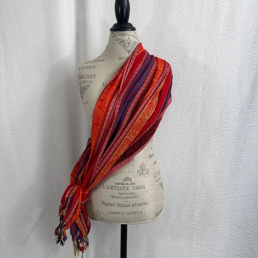 Pashmina Stripe Oversized Blanket Scarf fringe edges Silk Blend - Picture 3 of 9